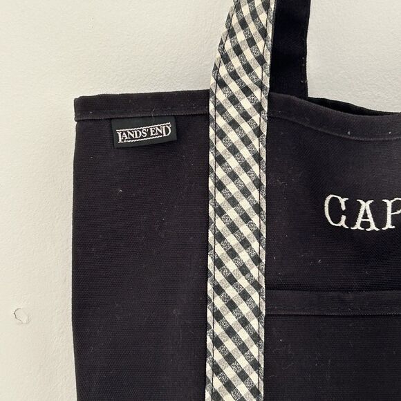 Lands' End Tote Bag Embroidered "Captains" Black with Gingham Canvas Preppy - Picture 4 of 15